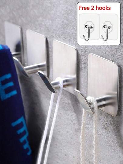 1/2/3/4pcs Stainless Steel Adhesive Hooks – Versatile, Heavy-Duty Wall Mount Hangers For Towels, Coats, Clothes, Hats, Robes – Ideal For Bathroom & Kitchen Stick-On Convenience 1/2/3 Bathroom Accessories Bathroom Tools