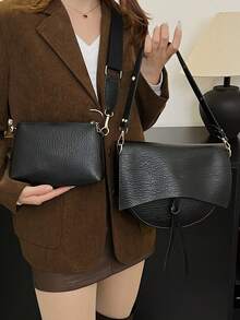 女士新款纯色软皮时尚休闲可调节肩带PU轻便单肩斜挎包 - 黑色 - 查看 2