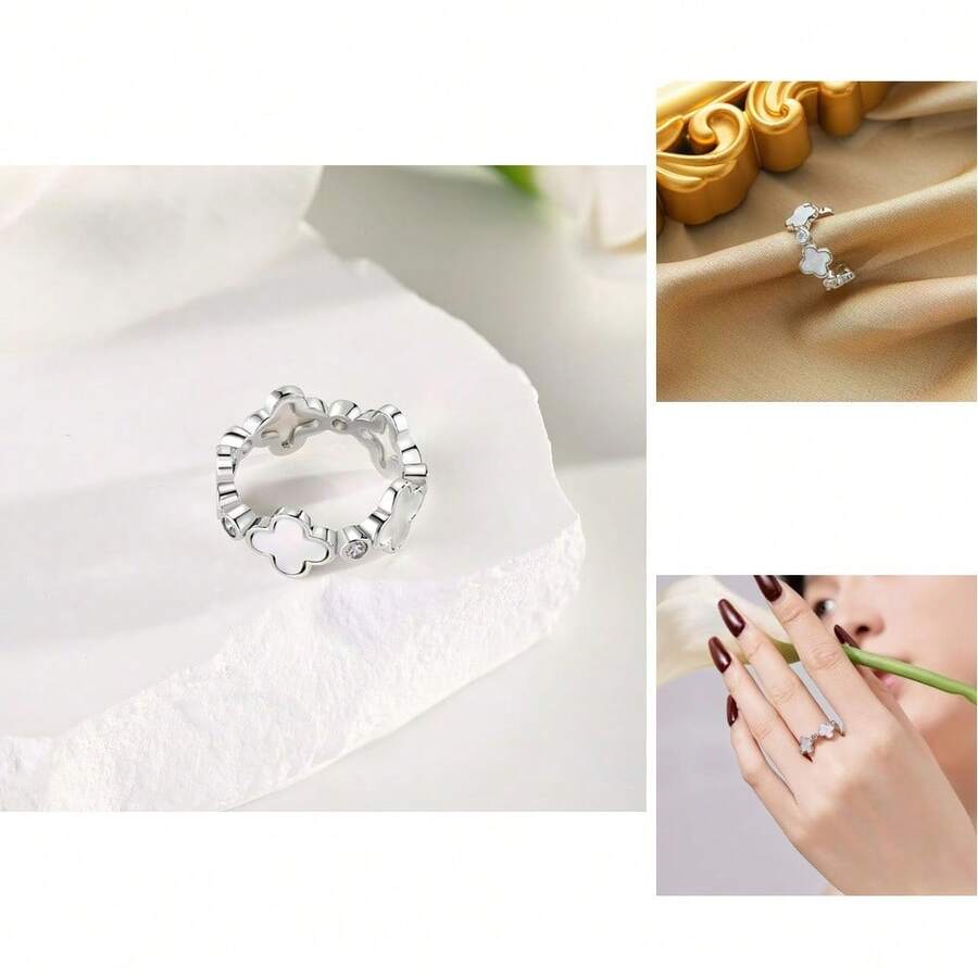 Trébol de Cuatro Hojas, Fritillaria Blanca, Zirconia Cúbica Brillante, Chapado en Oro/Plata, Ajustable - Ideal para Cumpleaños y Aniversarios - Oro - Ver 1