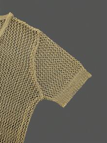 Women's V-Neck Solid Color Hollow Semi-Sheer Lace-Up Casual Short Sleeve Knit Cardigan, Suitable For Vacation And Travel