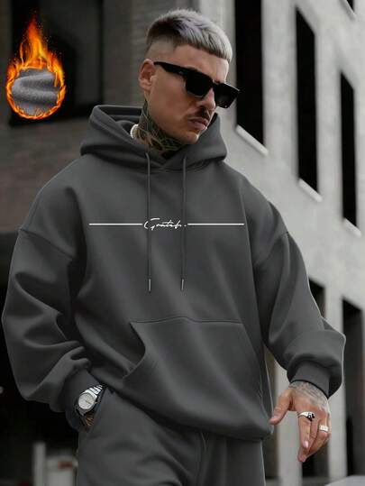  Zrgoth Men's Casual Street Floral Font Slogan "Grateful" Minimalist Print Fleece Hoodie, Autumn/Winter