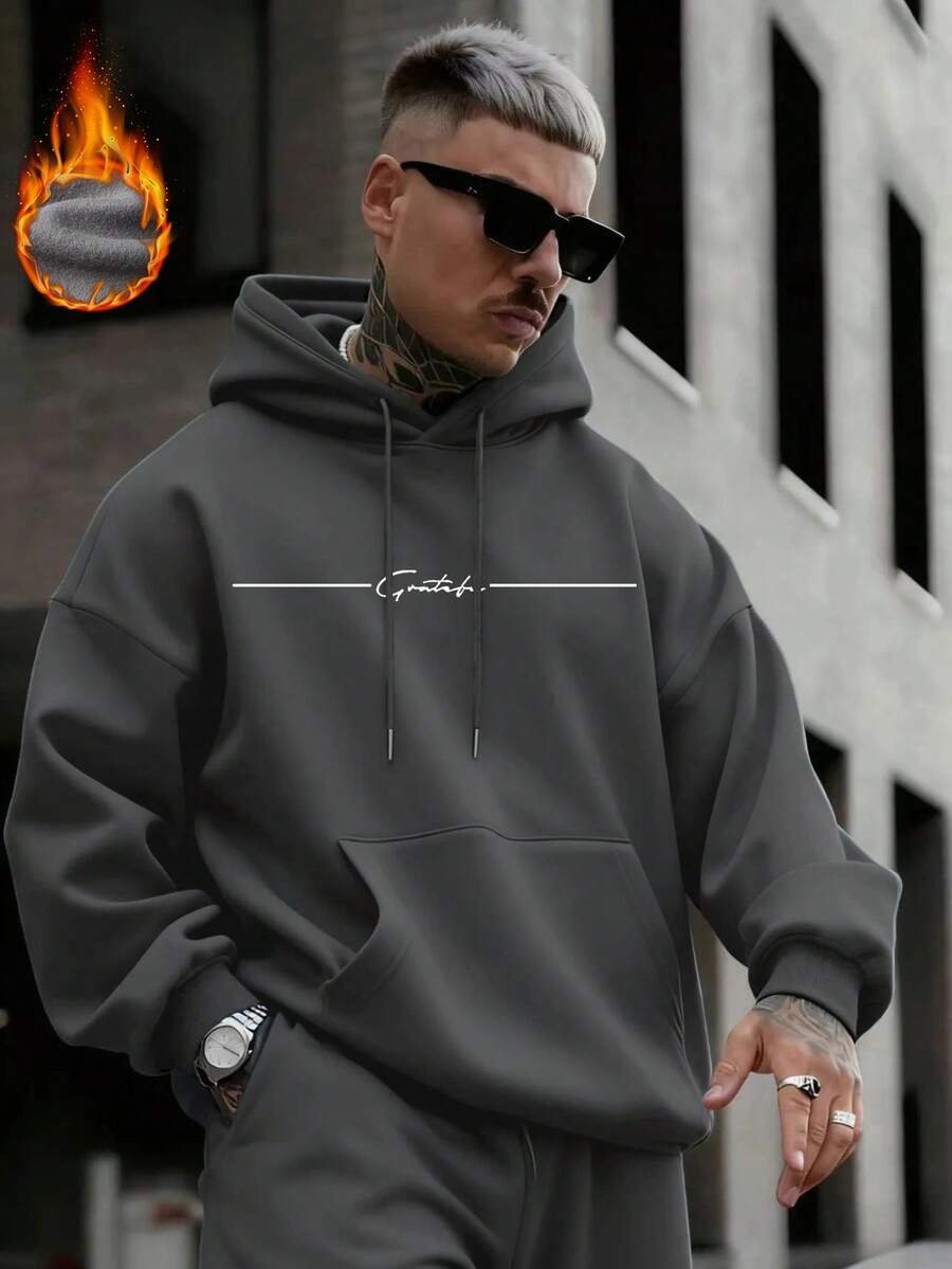 Zrgoth Men's Casual Street Floral Font Slogan "Grateful" Minimalist Print Fleece Hoodie, Autumn/Winter
