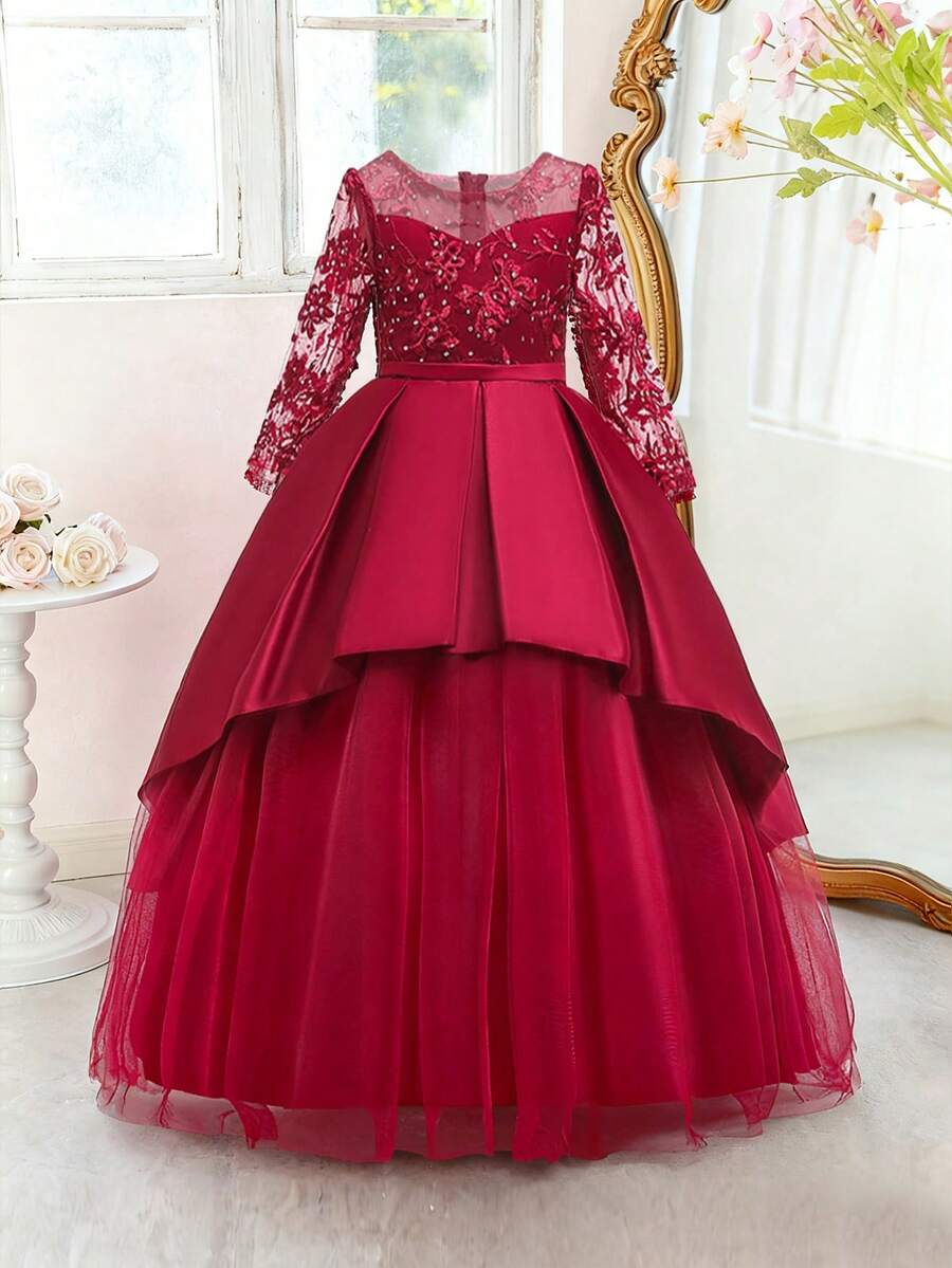 Vestido elegante de niña preadolescente con cuello redondo, bordado floral, strass y malla de satén, adecuado para bodas, fiestas de cumpleaños, sin diadema - Burdeos - Ver 1