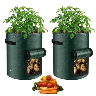 2 st potatisodlingspåsar, 10/7/5 gallon, med handtag och skördeöppningar, dräneringshål i botten, lämplig för lök, frukt, tomater, morötter, planteringspåsar för grönsaksträdgård, bärbar planteringslåda, robust struktur, trädgårdskrukor, trädgårdsodlare, hemmaodlare