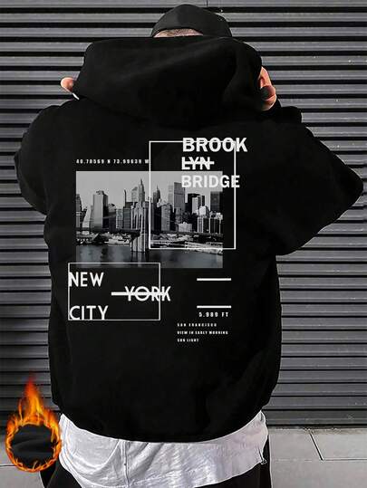 加大码男士连帽衫，新款秋冬街头风，纽约布鲁克林城市元素印花保暖套头卫衣