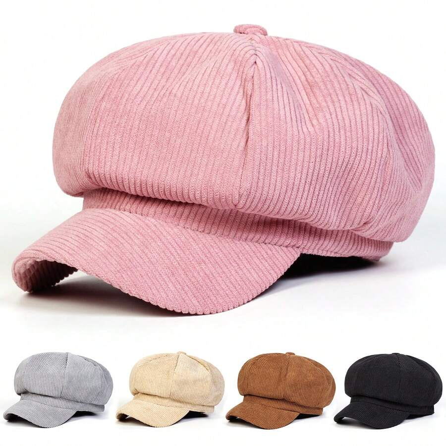 1顶女士纯色灯芯绒八角帽，时尚贝雷帽，适合户外、休闲、商务、派对等多种场合，秋冬季保暖。 - 報童帽 - 查看 1