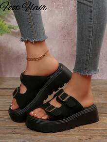 厚底镂空露趾女式凉鞋，休闲度假户外穿着，春夏新款，适合搭配连衣裙和沙滩装 - 黑色 - 查看 2