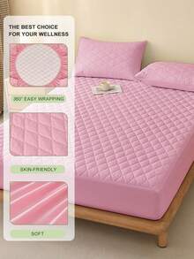 1pc Waterproof Fitted Sheet, Bedding, Stitch Fitted Sheet, Skin-Friendly Mattress Cover, Soft And Comfortable Bedding For Bedroom, Room Decor, 11.8 Inch Deep Pocket Cooling Breathable Quilted Square Lattice Fitted Sheet For All Seasons, For Single, Twin, Full, Queen And King Size, Solid Color Mattress Protective Cover, Dustproof, Comfortable And Machine Washable - 粉色 - 查看 5