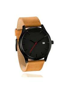 男士休闲腕表，大表盘，欧美风格，带日历功能，时尚商务，哑光皮表带，石英机芯 - 黑色 - 查看 4