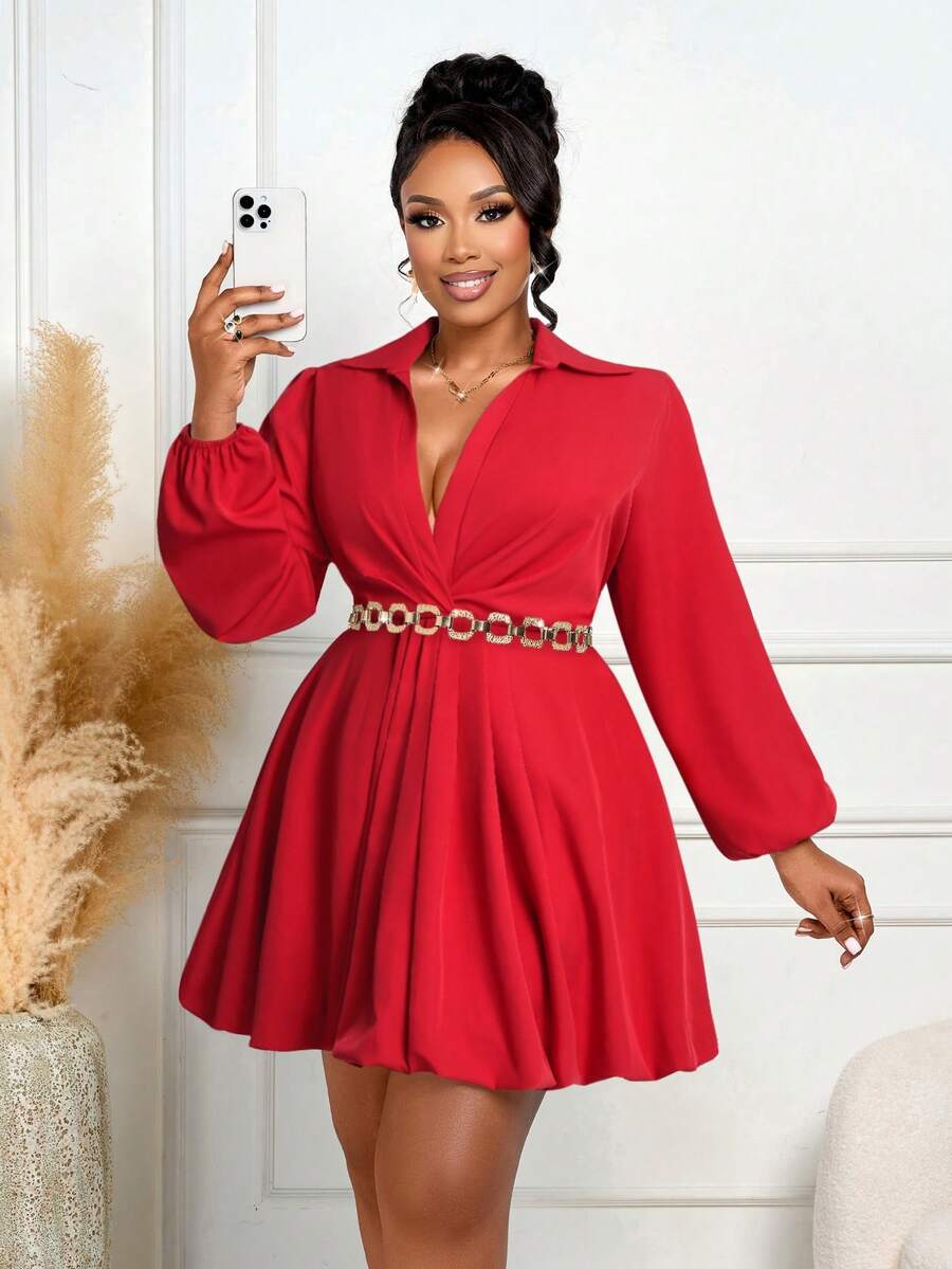 BIUBIU Elegant Plus Size Red Long Sleeve Short Dress With Button Detail And Ruffle Hem, A-Line Design - Red - View 1