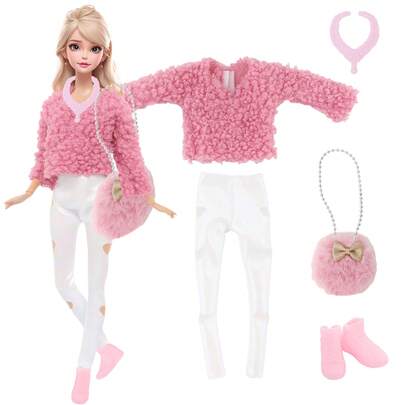 Set de 5 piezas de ropa y accesorios de moda para muñecas de 11.5 pulgadas, que incluye 1 conjunto de top y pantalones, 1 bolso, 1 par de zapatos, 1 collar, en tonos rosas, regalo de Navidad, juguete de vestir muñecas, regalo de cumpleaños (muñeca no incluida)