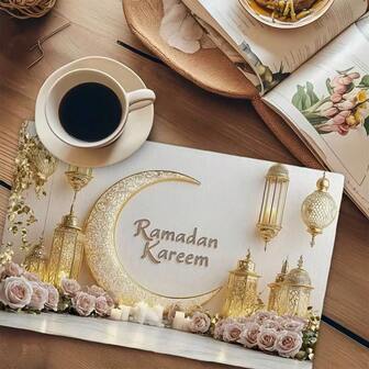 4 قطع من بساط طاولة الطعام بموضوع رمضان، يتميز بتصميم بسيط للهلال والفانوس مع تفاصيل زهرية، مناسب للتجمعات والطعام وديكورات العطلات. الحجم 30 * 45 سنتيمتر، مناسب لديكور المنزل، ديكور طاولة العطلات، ديكور الأعياد الريفية، طراز ريفي، بسط قابلة للغسيل، مواد متينة، ديكور طاولة العطلات، وترفيه المنزل.