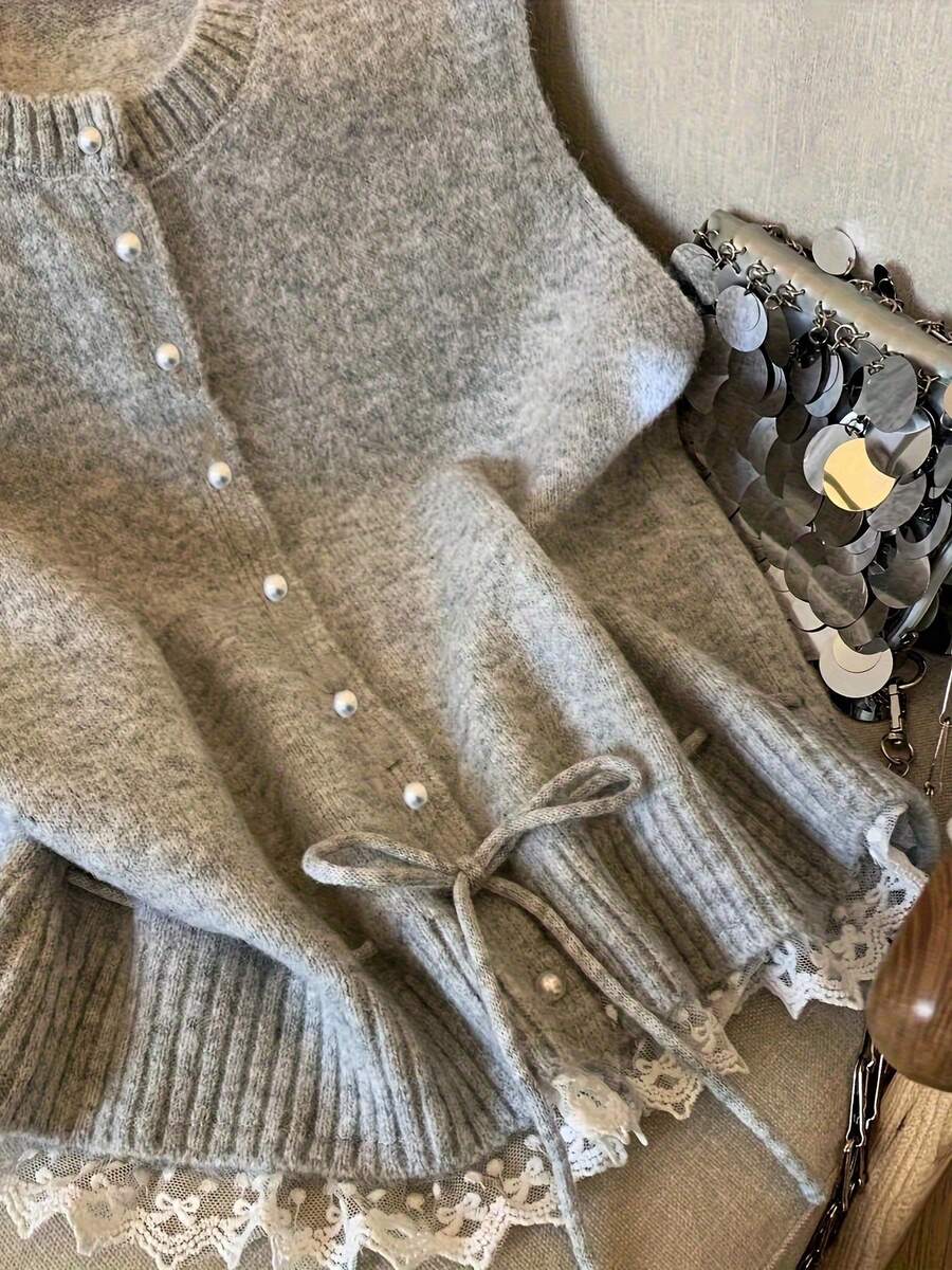 女士浅灰色马海毛珍珠纽扣无袖吊带背心 | 抽绳腰带蕾丝边吊带衫 | 优雅叠穿上衣，适合休闲和约会之夜穿着 - 灰色 - 查看 1