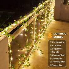 1pc Solar Powered Copper Wire Fairy Lights, 20/50/100 LED Artificial Ivy Vine Fairy String Lights With 8 Lighting Modes, Ideal For Outdoor Garden, Wall, Balcony, Fence, Tree, Wedding, Party, Restaurant Decor