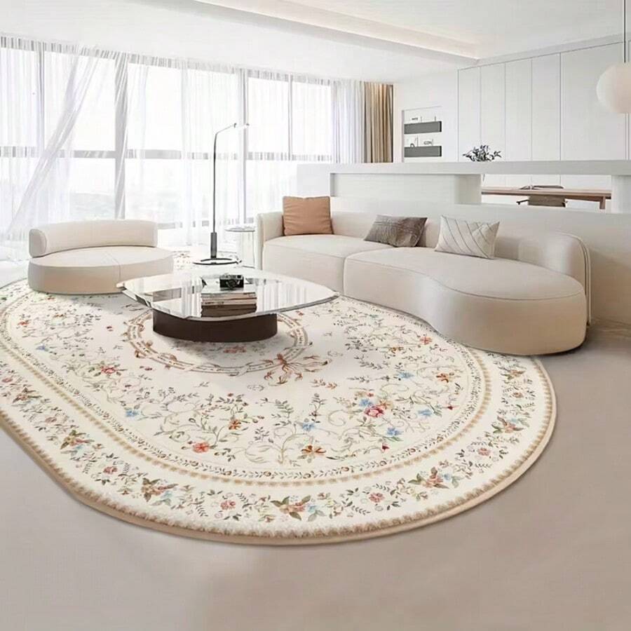 1pc Oval Floral Living Room Carpet, Rococo Flower Rug, Area Rug For Living Room, Small Area Rug, Mat, Circular Floral Decor For Home, Large Living Room Carpet, Living Room Home Decor, Room Decor, Washable Rug - Multicolor - View 1