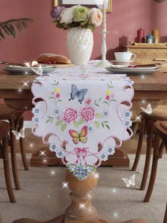 1 pieza Camino de mesa bordado a mano con diseño hueco de mariposa y flores, camino de mesa bordado de poliéster moderno con diseño hueco, adecuado para mesa de comedor, mesa de café, mueble de TV, mueble de zapatos, uso diario en el hogar, festivales y fiestas de boda