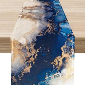 1pc Blue & Gold Marble Striped Table Runner, Linen Material With Rustic Textured Pattern Print. Modern Decor Centerpiece For Coffee Tables, Suitable For Home Kitchen, Living Room, And Indoor/Outdoor Farmhouse Style Dining Tables