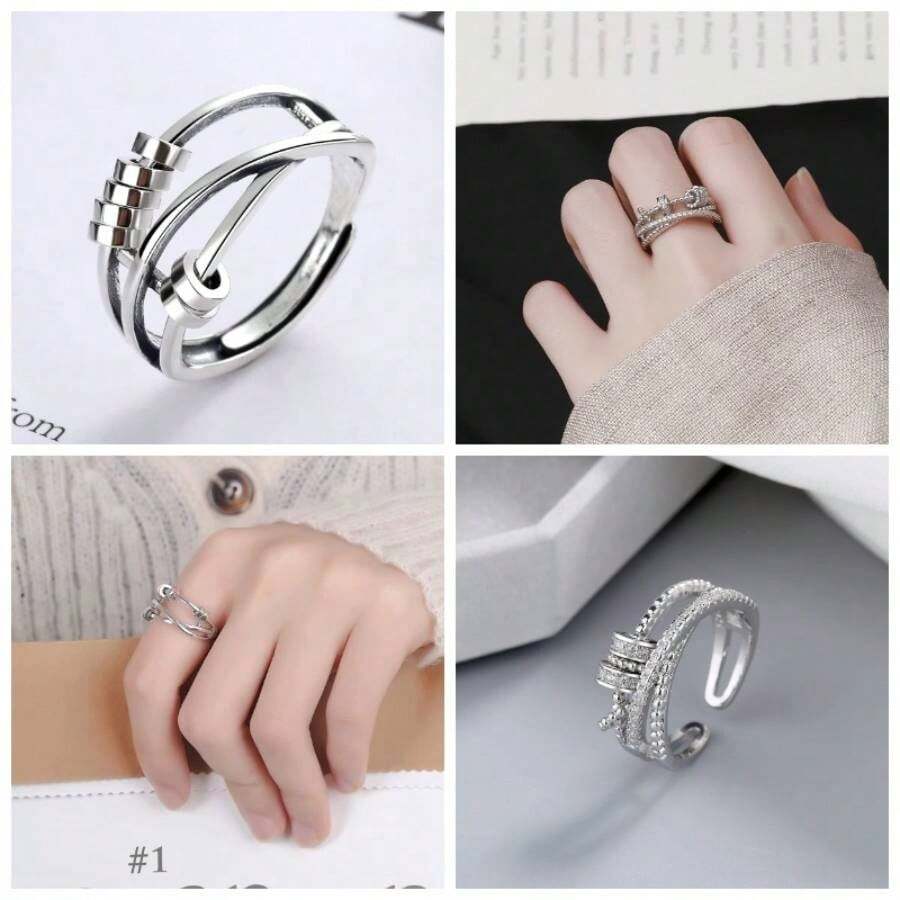 2 anillos giratorios con cuentas para mujer, anillo antiansiedad, anillo de acero inoxidable, acabado de chorro de, unisex, ajustable, Metal, Aleacin. - inicial - Ver 1
