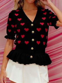 Womens Valentines Knit Cardigan Vest Stylish Love Heart Pattern Ruffled Hem Button Down V Neck Half Sleeve Sweater Jacket - Black - View 2