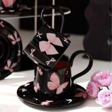 爱心黑粉色陶瓷杯碟套装，高档马克杯，办公咖啡杯，新年情人节礼物，送给妈妈的礼物 - 彩色 - 查看 5