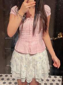 Women Summer Short Sleeve Tops Square Neck Button Down Ruffle Hem Shirts Y2K Going Out Babydoll Blouse - 粉色 - 查看 3
