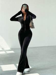 Casual Minimalist Solid Color Velvet Slim Fit Jumpsuit For Autumn/Winter - Kose - View 3