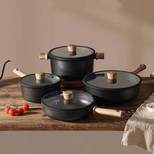 1 Juego de Utensilios de Cocina Antiadherentes de Alta Calidad en Negro, que incluye Sartén, Olla para Sopa, Sartén Plana, Apto para Cocina de Inducción y Compatible con Todas las Estufas