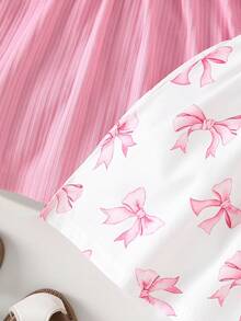 2pcs/Set Baby Girls' Butterfly Print & Solid Ribbed Spaghetti Strap Dress Set, Sweet & Cute Summer Outfit - Pink - View 7