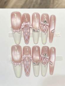 10 Peças de Unhas Longas Ovais Feitas Pura e Manualmente, Unhas Postiças, Arte de Unhas Menina Doce com Degradê Rosa-Branco, Decoradas com Laços, Estampas Xadrez e Decorações de Diamante, Suave e Requintada, Cheia de Charme Feminino, Adequada para Senhoras, Garotas em Palco, Baile de Formatura, Festa, com 1 Peça de Rolo de Gelatina e 1 Peça de Suprimentos para Unhas - Follow Your Heart - Visão 2