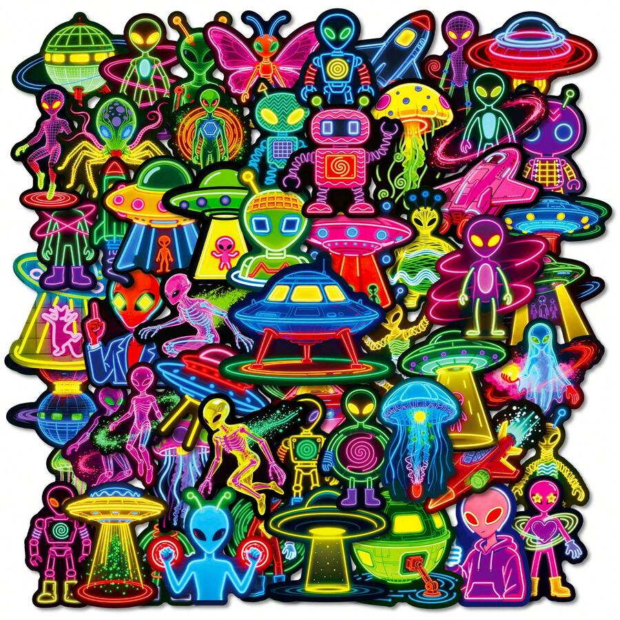 56 Stück Neon Alien Aufkleber, spaßige ästhetische Aufkleber, wasserfeste Vinyl Positive Energie Aufkleber, geeignet für Wasserflaschen, Bücher, Laptops, passend für Teenager und Erwachsene Sammelalbum Zubehör Sammelalbum Schreibwaren
