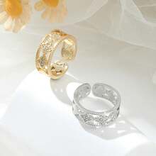 Anillo de Trébol de Cuatro Hojas Hueco, Zirconia Cúbica Brillante, Chapado en Oro/Plata, Ajustable y Retro - Ideal para Regalos de Cumpleaños y Aniversario - Oro - Ver 10