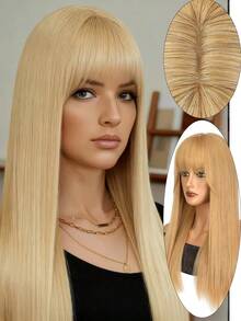 24-Inch Synthetic Wig With Bangs, Long Straight Golden Hair, Heat Resistant Synthetic Fiber Wig Suitable For Daily Wear - Multicolor - View 3