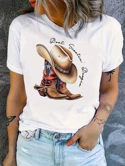 100% Cotton Women's Western Graphic Print Short Sleeve T-Shirt - Cowboy Boots & Hat Design With "Best Season" Script, Stretchy Round Neck Casual Tee, Machine Washable Regular Fit For Casual Attire, Western T Shirts, Allseason Apparel, Cowboythemed Apparel