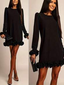 Women's Elegant Black Mini Dress With Ruffle Hem And Cuffs, A-Line Mini Dress Spring - Black - View 1