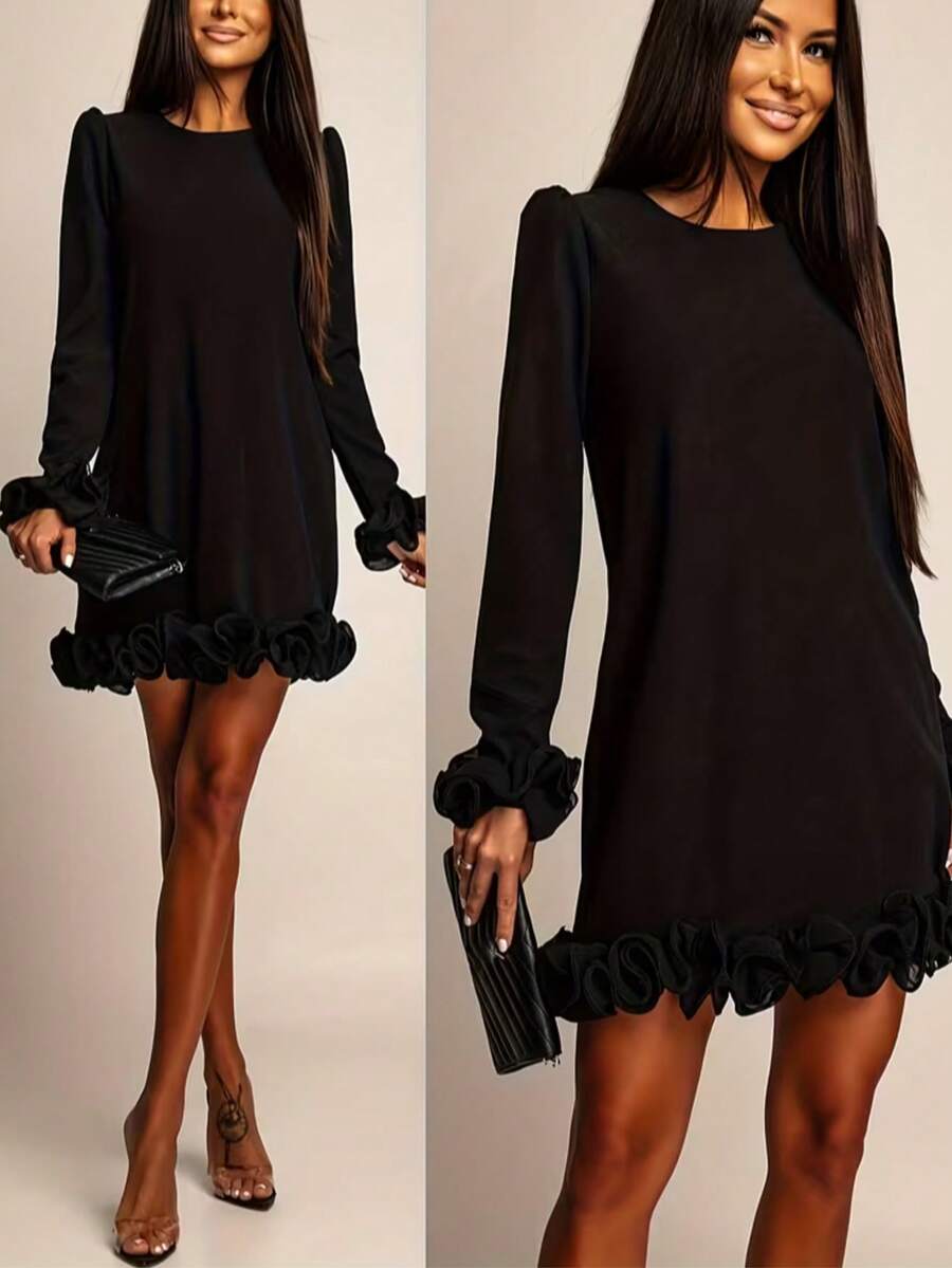 Women's Elegant Black Mini Dress With Ruffle Hem And Cuffs, A-Line Mini Dress Spring - Black - View 1