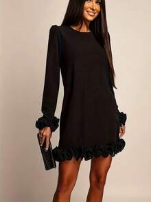 Women's Elegant Black Mini Dress With Ruffle Hem And Cuffs, A-Line Mini Dress Spring - Black - View 4