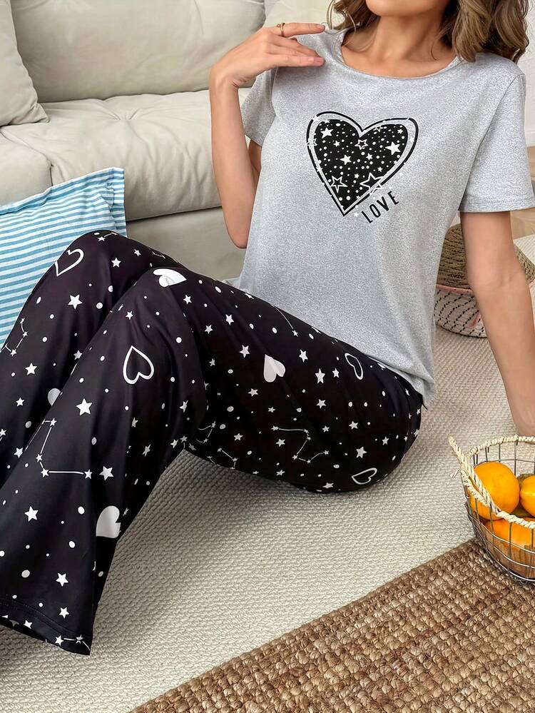 2 piezas Conjunto de pijama de pantalón corto y manga corta con estampado casual y cómodo para mujer - Gris - Añade 3