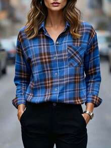 Women's Fashion Blue Plaid Print Polyester Shirt, Long Regular Sleeve, Classic Shirt Collar - Blue - View 1