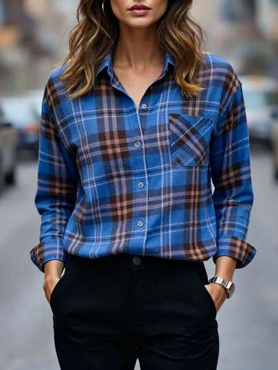 Women's Fashion Blue Plaid Print Polyester Shirt, Long Regular Sleeve, Classic Shirt Collar
