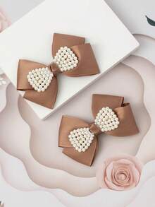 2pcs Coffee Brown Faux Pearl Simple Bow Hair Clips For Teen - Coffee Brown - View 7