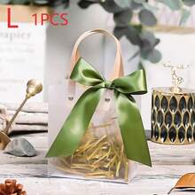 1/5/10pcs Premium Gift Bags, Thick Frosted Transparent Handled Bags With Ribbon & Raffia, Suitable For Souvenirs, Candy Bags, Valentine's Day, Birthday Gifts Packaging - Green - View 10