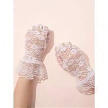 1 Pair Women's Gothic Lace Gloves - Rose & Ruffle Trim Design | Elegant Long Gloves For Halloween & Parties - 白色 - 查看 4