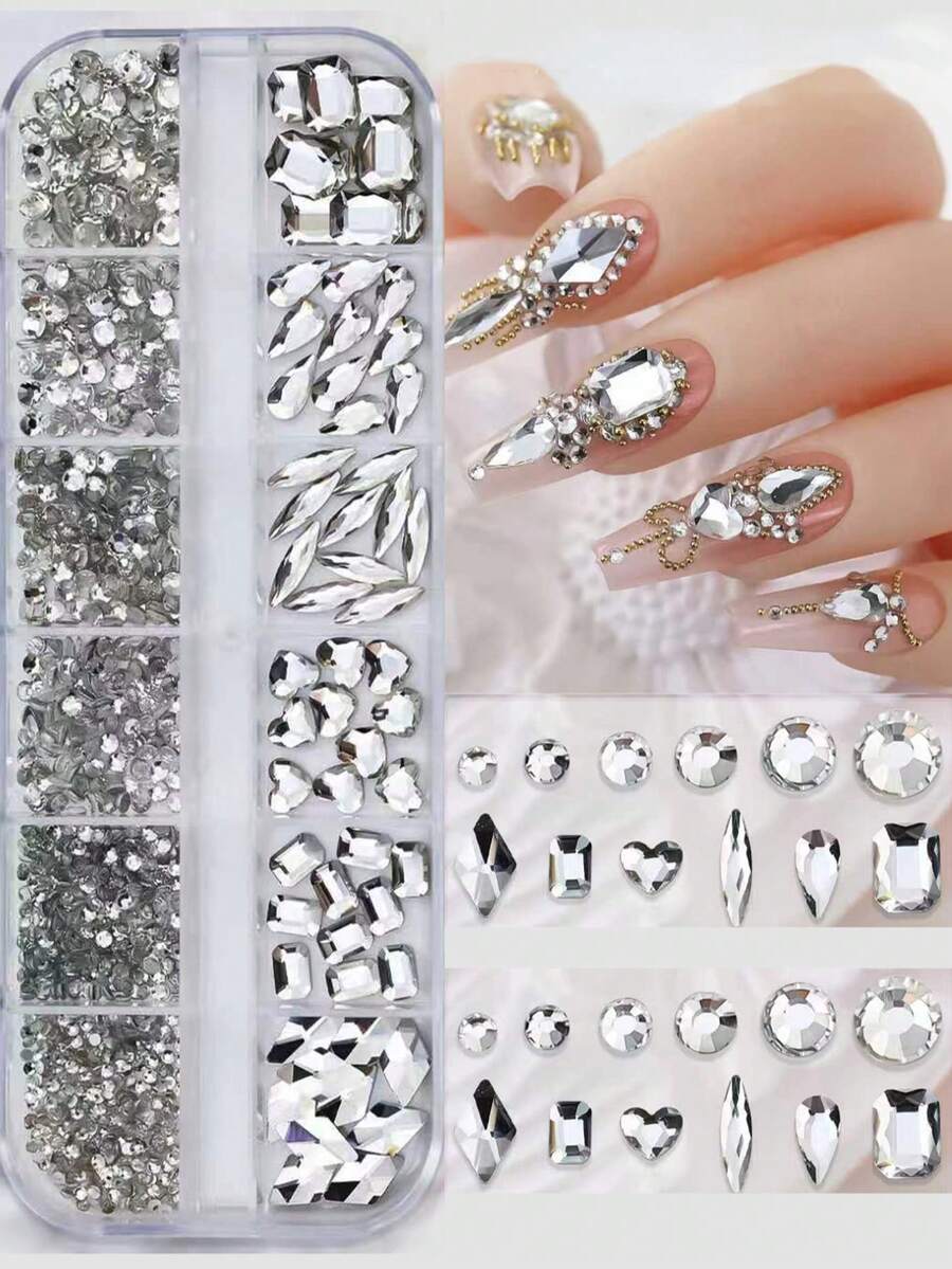 1101pcs Pure Crystal Nail Rhinestones - Shiny White Rhinestone & Gems, Multi-Size & Shape Nail Charms DIY Jewelry Decorations Nails - White - View 1