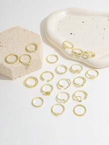 20件套法式风格戒指套装，包含月亮、蝴蝶结、心形、蛇形、花朵、玫瑰形戒指，以及链条、树叶、蝴蝶、心形、扭纹戒指，女士款 - 金色 - 查看 3