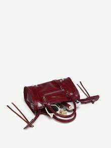 1pc Women's Retro Y2K Biker Punk Style Rivet Decor Buckle Multi-Pocket Faux Oily Cracked Leather Handbag Tote Bag, Suitable For Street, Date, Party , Goth - Burgundy - View 6