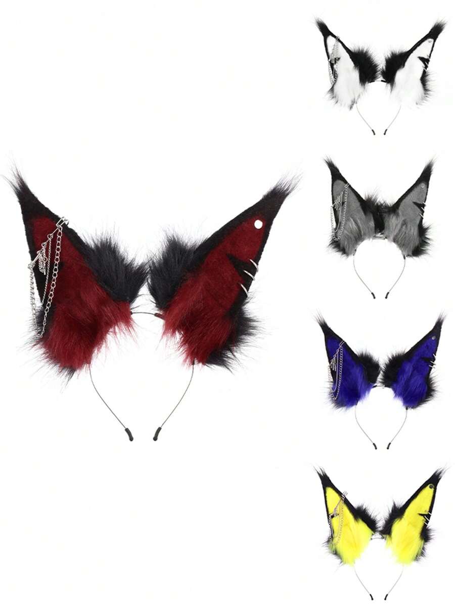 Fox Punk Furry Ear Headband, Realistic Dog Ear Plush Headdress, Sexy Accessory With Chain For Men, Cosplay, Convention, Live Streaming