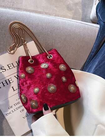 Fashionable Floral Decor Velvet Mini Bucket Shoulder Bag, New Minimalist Chain Crossbody Bag