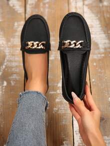 New Plus Size Slip-On Loafers, Versatile Daily Commute Shoes, Solid Color Design, Metal Buckle, Round Toe, Breathable Linen Material, Handmade Floral Decor, Casual Women Moccasins, Suitable For Spring, Summer, And All Seasons - Black - View 1