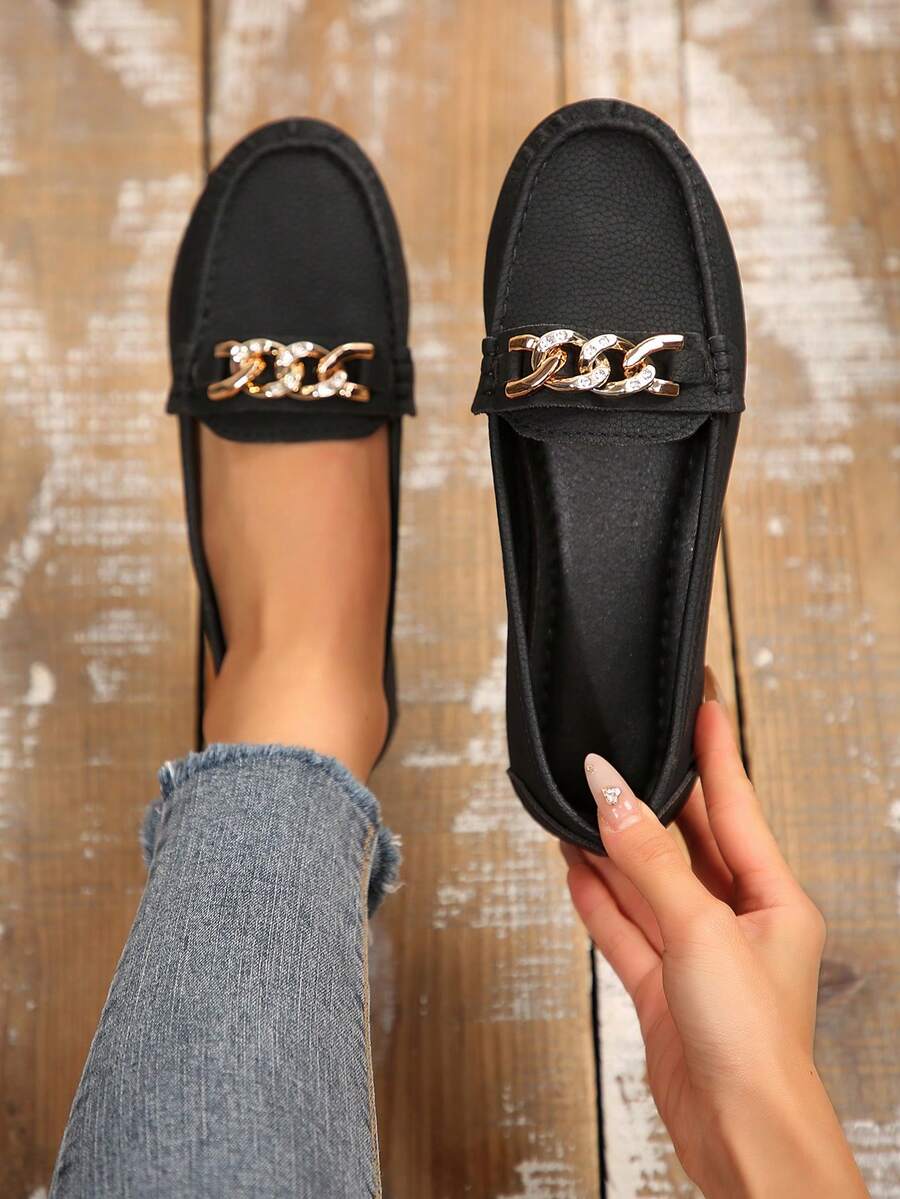 New Plus Size Slip-On Loafers, Versatile Daily Commute Shoes, Solid Color Design, Metal Buckle, Round Toe, Breathable Linen Material, Handmade Floral Decor, Casual Women Moccasins, Suitable For Spring, Summer, And All Seasons - Black - View 1