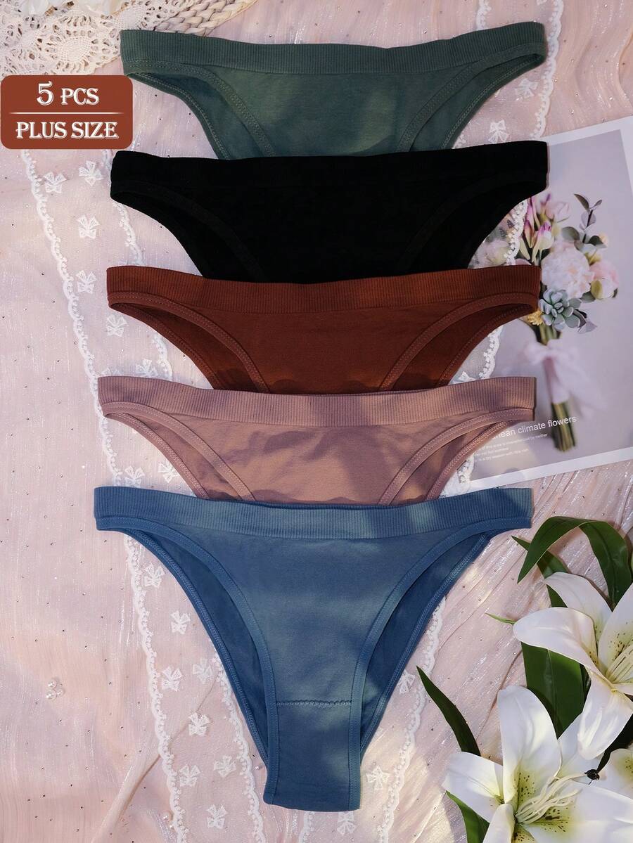 5pcs/Pack Plus Size Women's Sexy Panties, Basic Solid Color Comfortable Knitted Low Waist Soft Thong, Suitable For All Seasons And Daily Wear - Multicolor - View 1